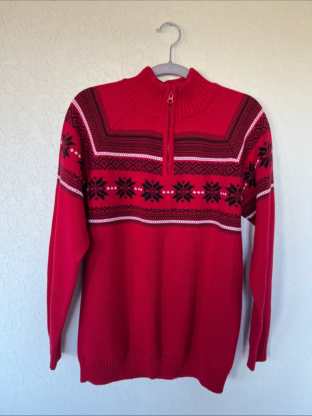 Basic Editions Red Zip-Neck Fair Isle Sweater